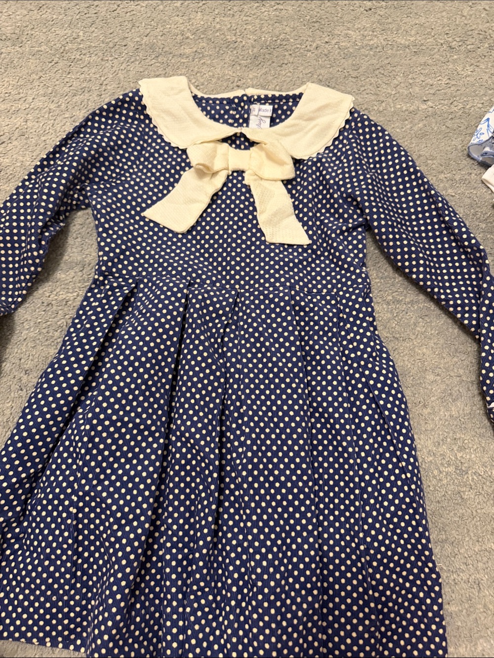 Rachel Riley Girls Navy Polka Dot Dress with Cream Bow Collar, corduroy